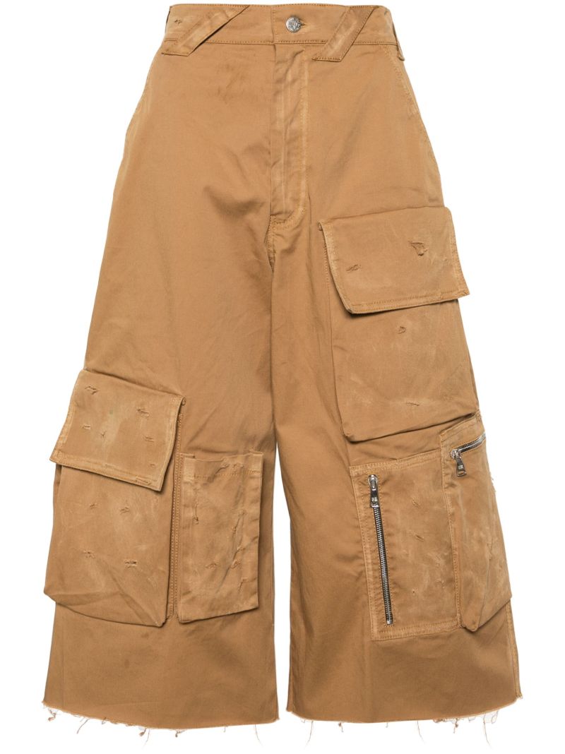 Beige Distressed Cotton Cargo Shorts