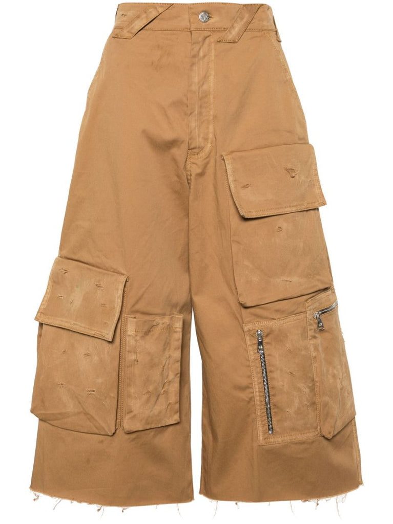 Beige Distressed Cotton Cargo Shorts