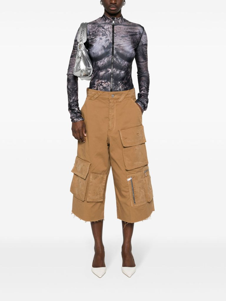 Beige Distressed Cotton Cargo Shorts