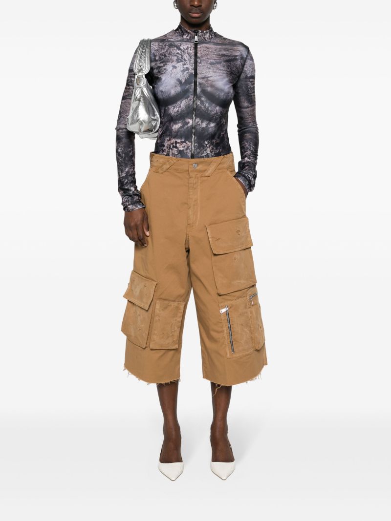 Beige Distressed Cotton Cargo Shorts