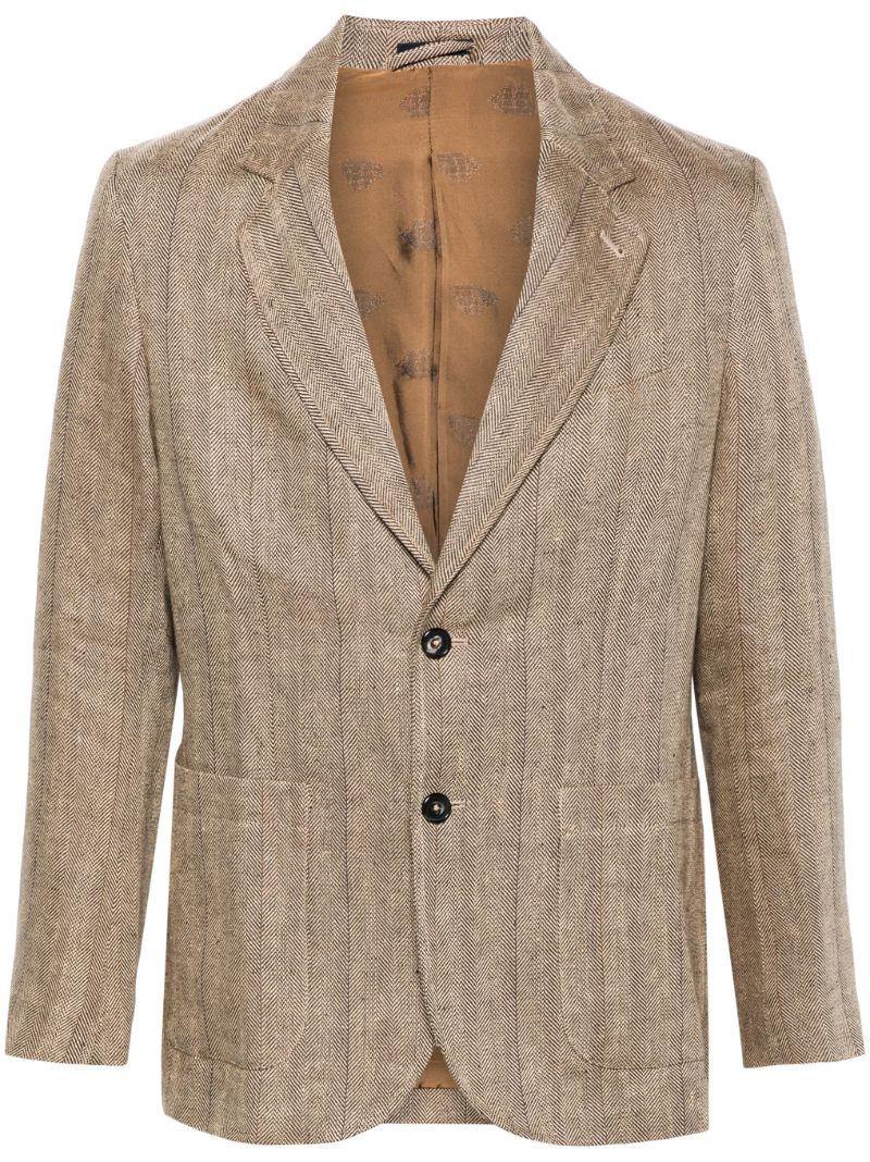 Brown Herringbone-pattern Linen Blazer