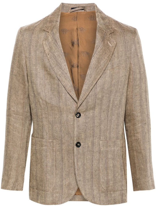 Brown Herringbone-pattern Linen Blazer