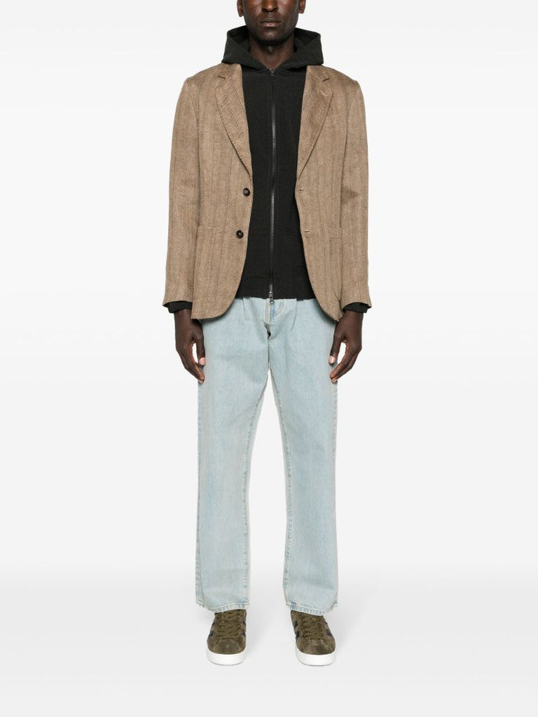 Brown Herringbone-pattern Linen Blazer