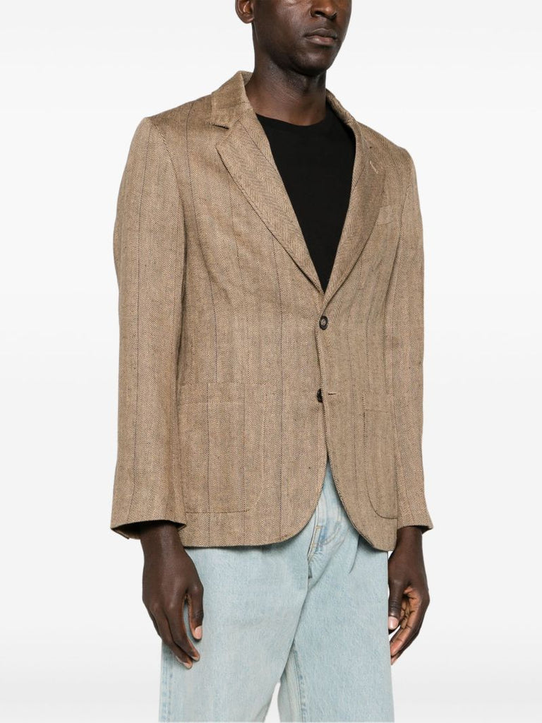 Brown Herringbone-pattern Linen Blazer