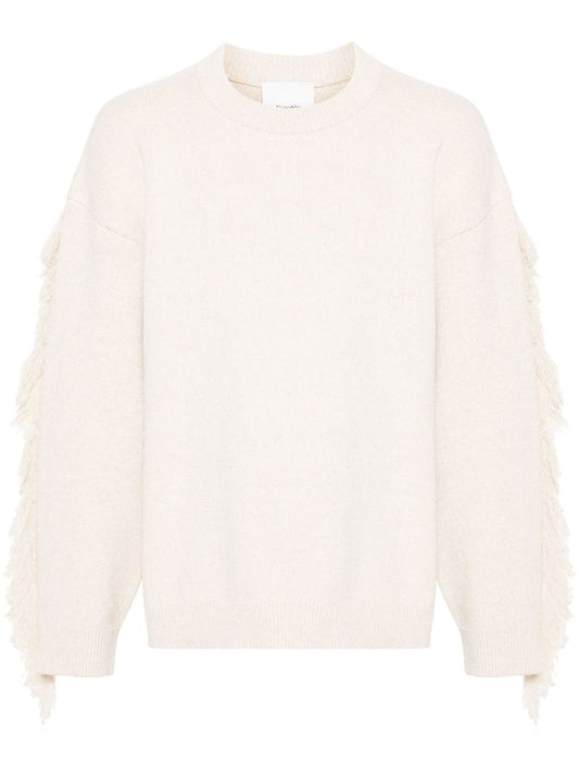 Neutral Fringed Crew-neck Sweater