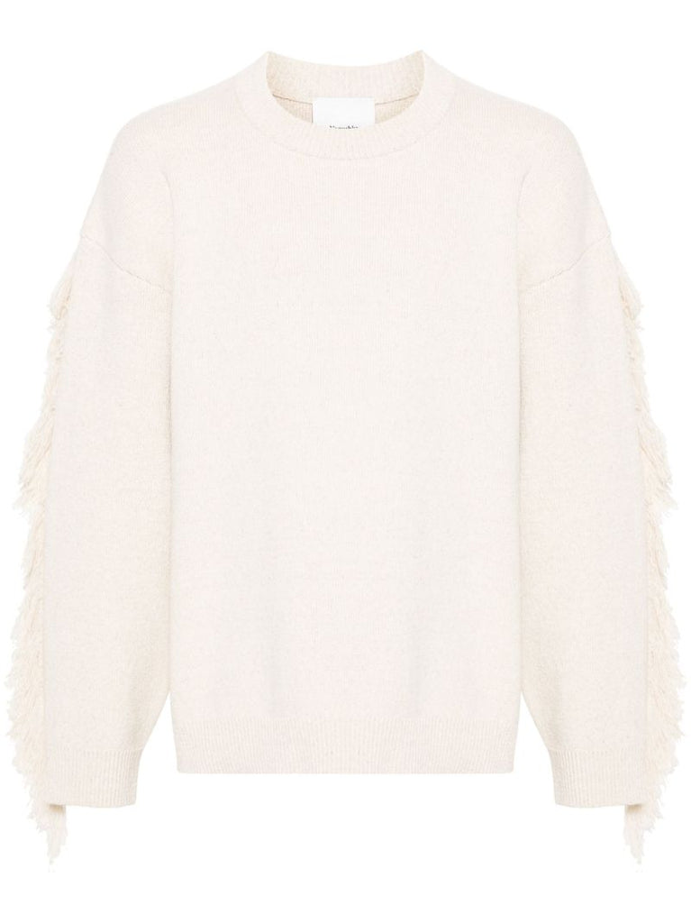 Neutral Fringed Crew-neck Sweater