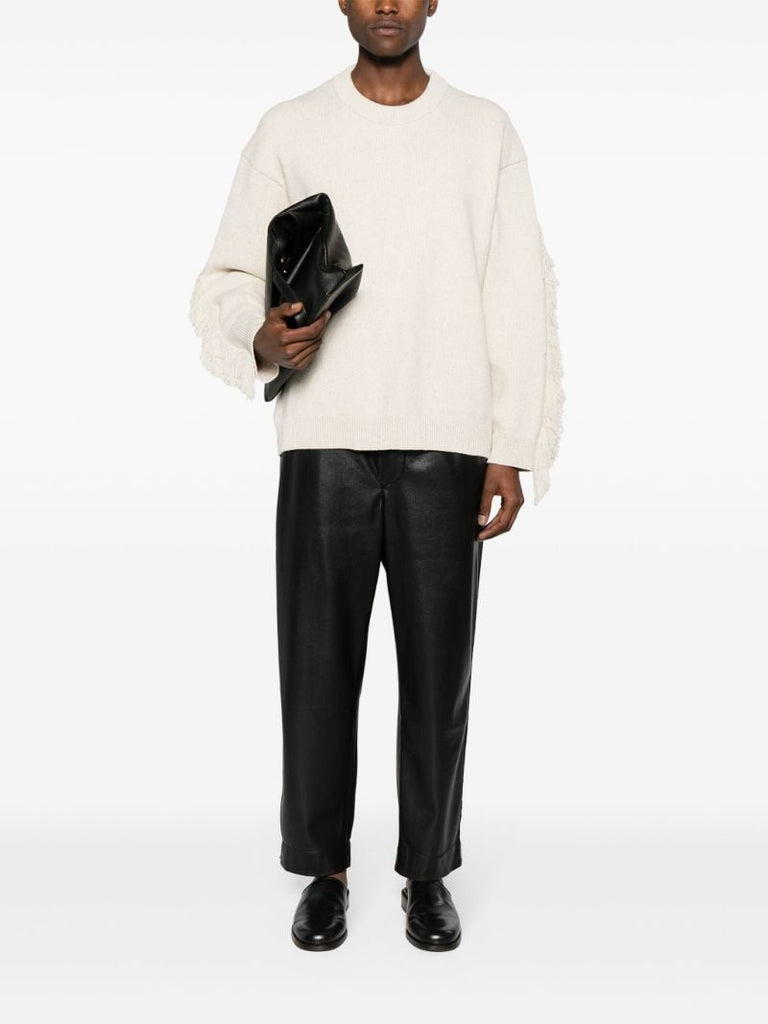 Neutral Fringed Crew-neck Sweater