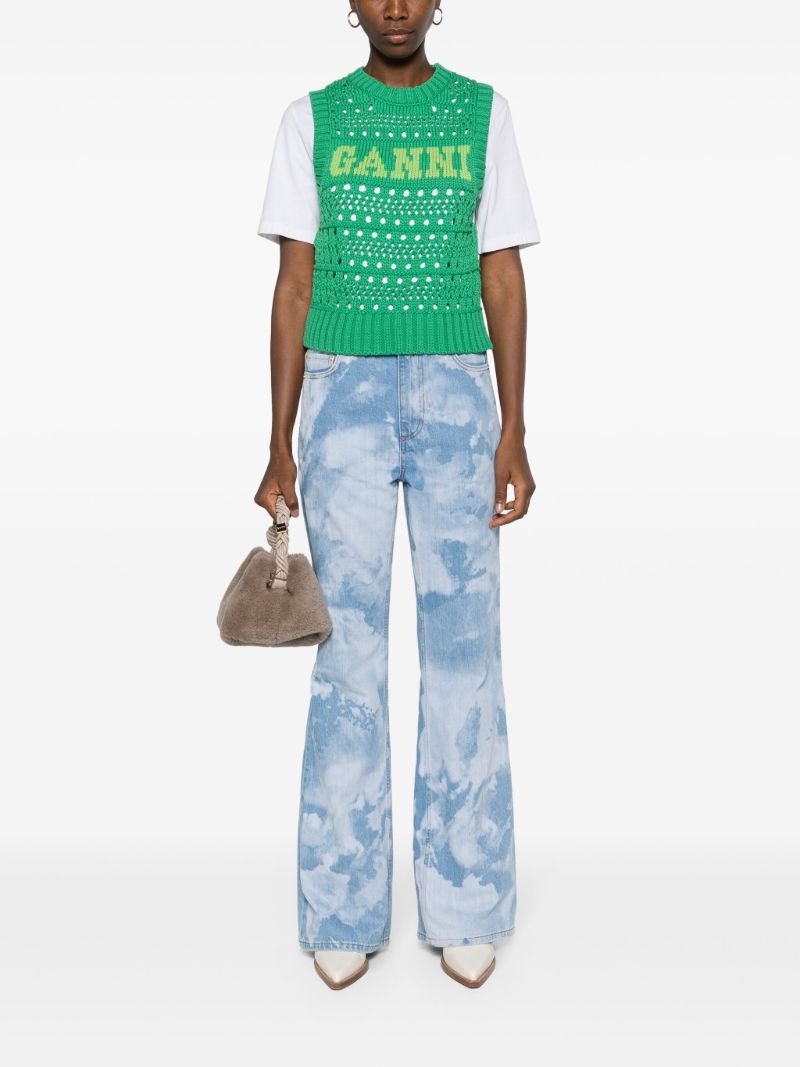 Blue Bleach Effect Flared Jeans