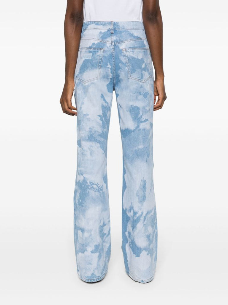 Blue Bleach Effect Flared Jeans