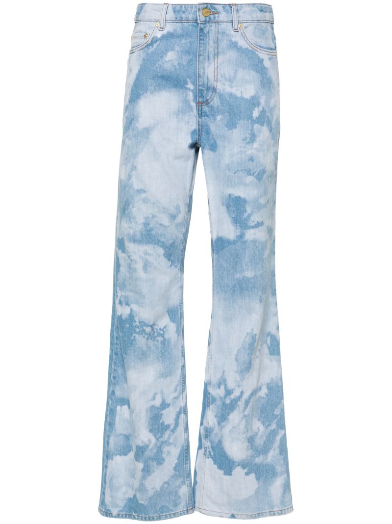 Blue Bleach Effect Flared Jeans