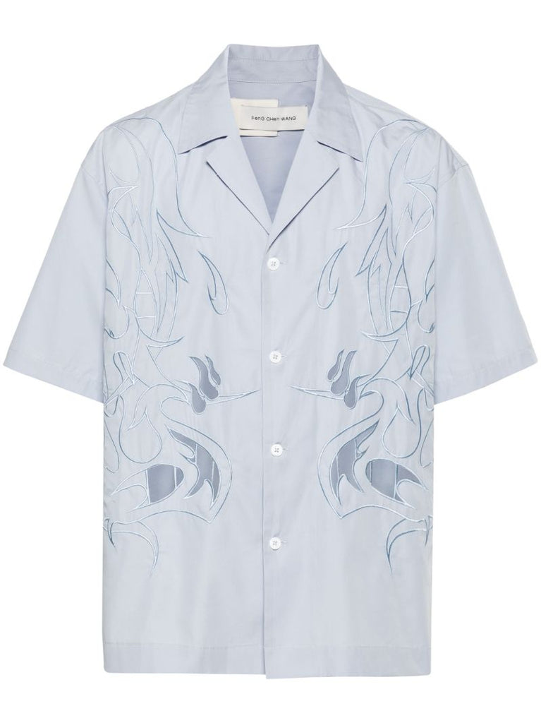 Blue Phoenix-embroidered Cotton Shirt