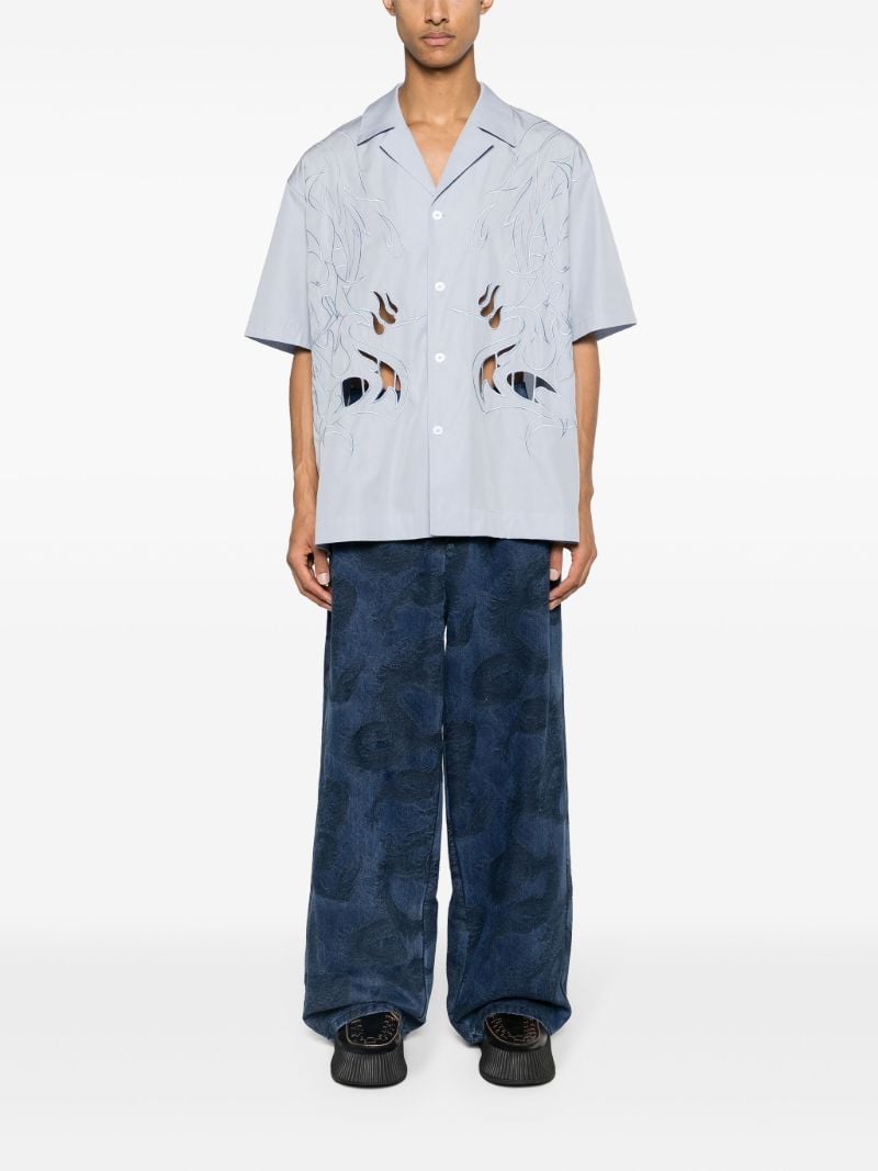 Blue Phoenix-embroidered Cotton Shirt