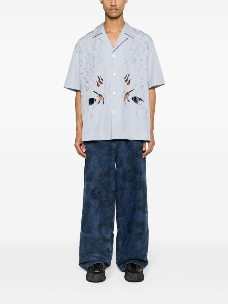 Blue Phoenix-embroidered Cotton Shirt