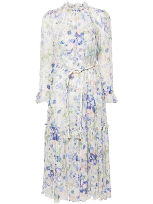 White Natural Garden-print Midi Dress