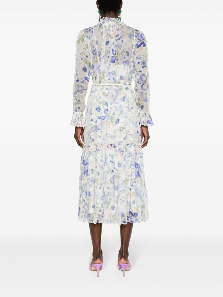 White Natural Garden-print Midi Dress