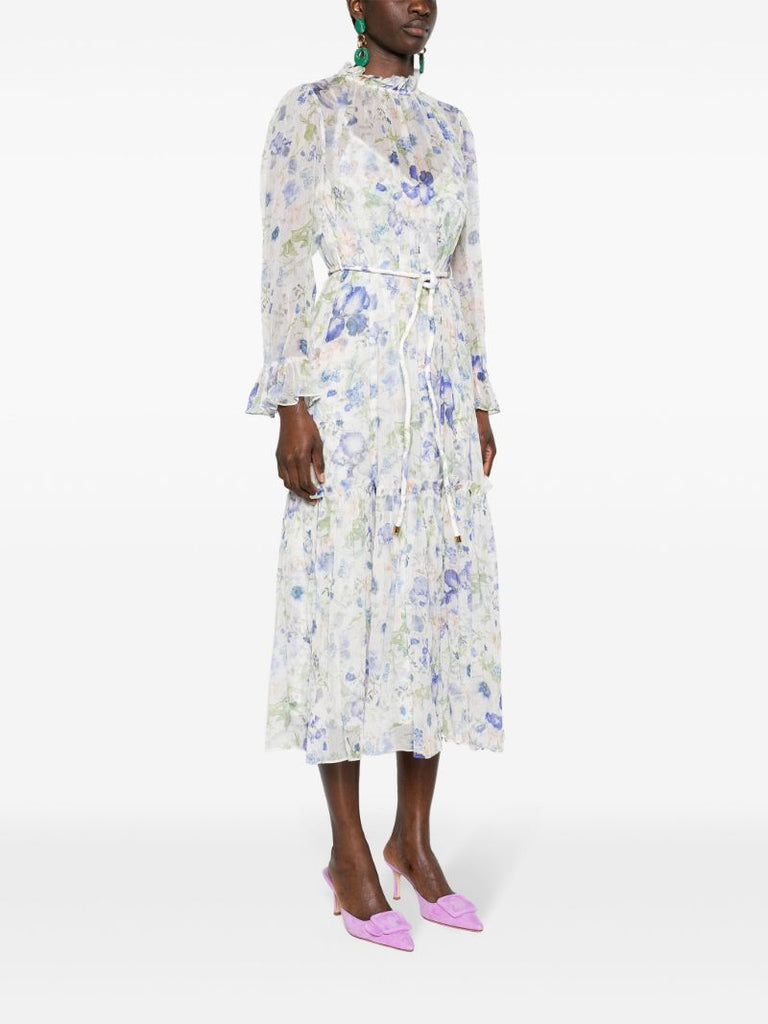 White Natural Garden-print Midi Dress