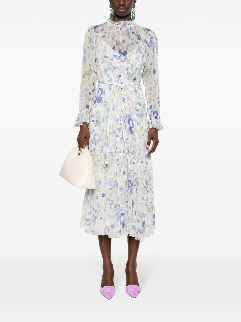 White Natural Garden-print Midi Dress