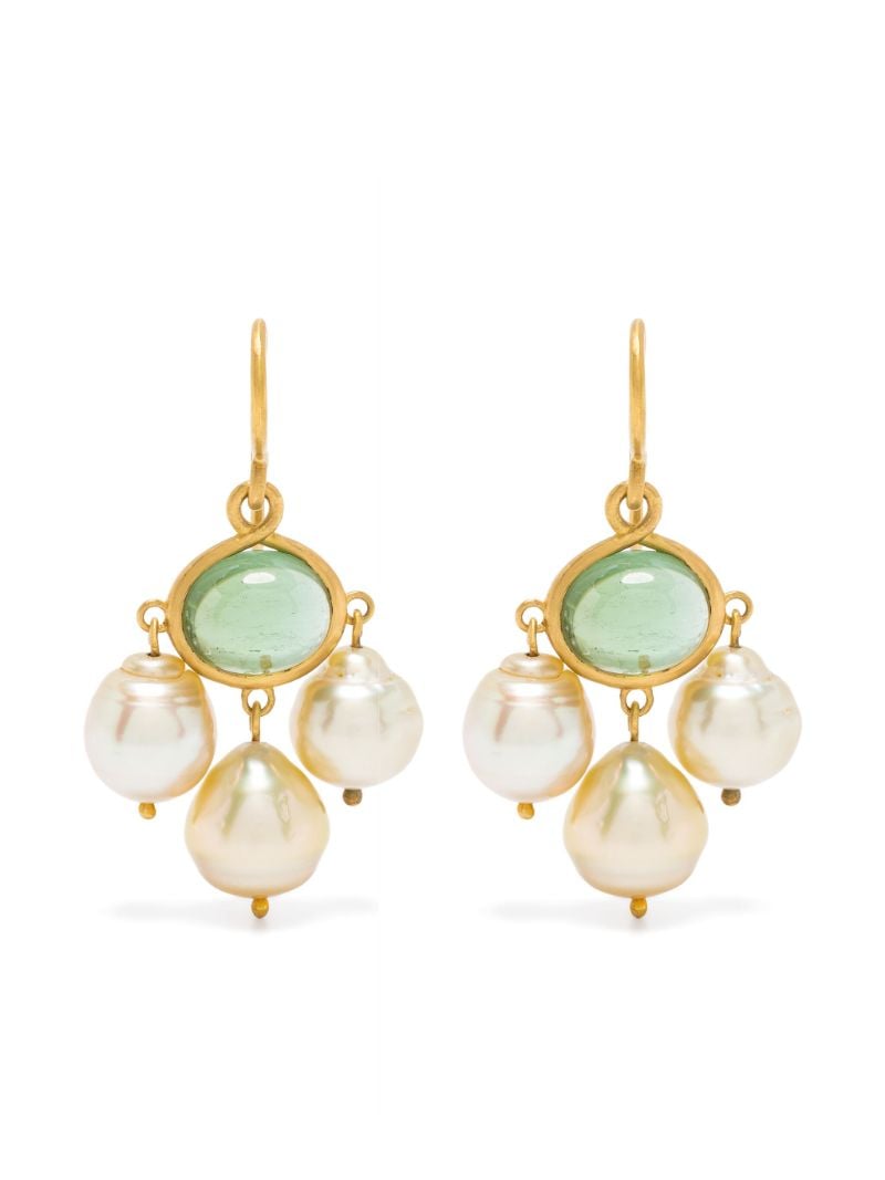 22k Yellow Gold Unda Tourmaline and Pearl Earrings