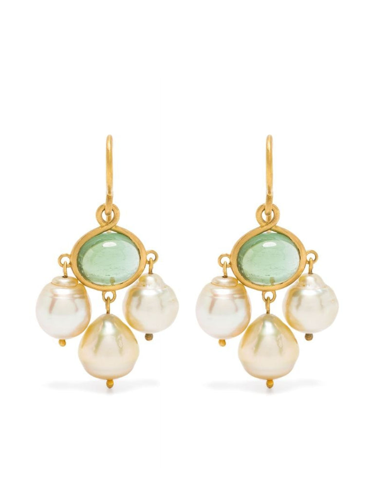 22k Yellow Gold Unda Tourmaline and Pearl Earrings