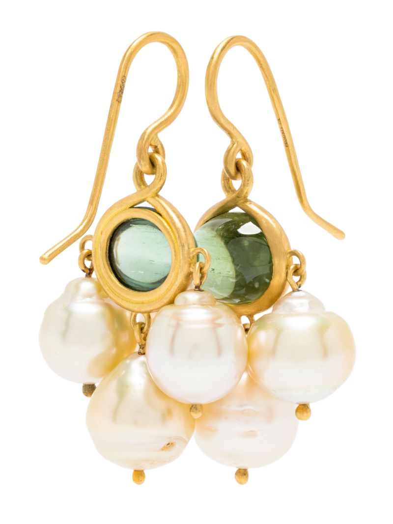 22k Yellow Gold Unda Tourmaline and Pearl Earrings