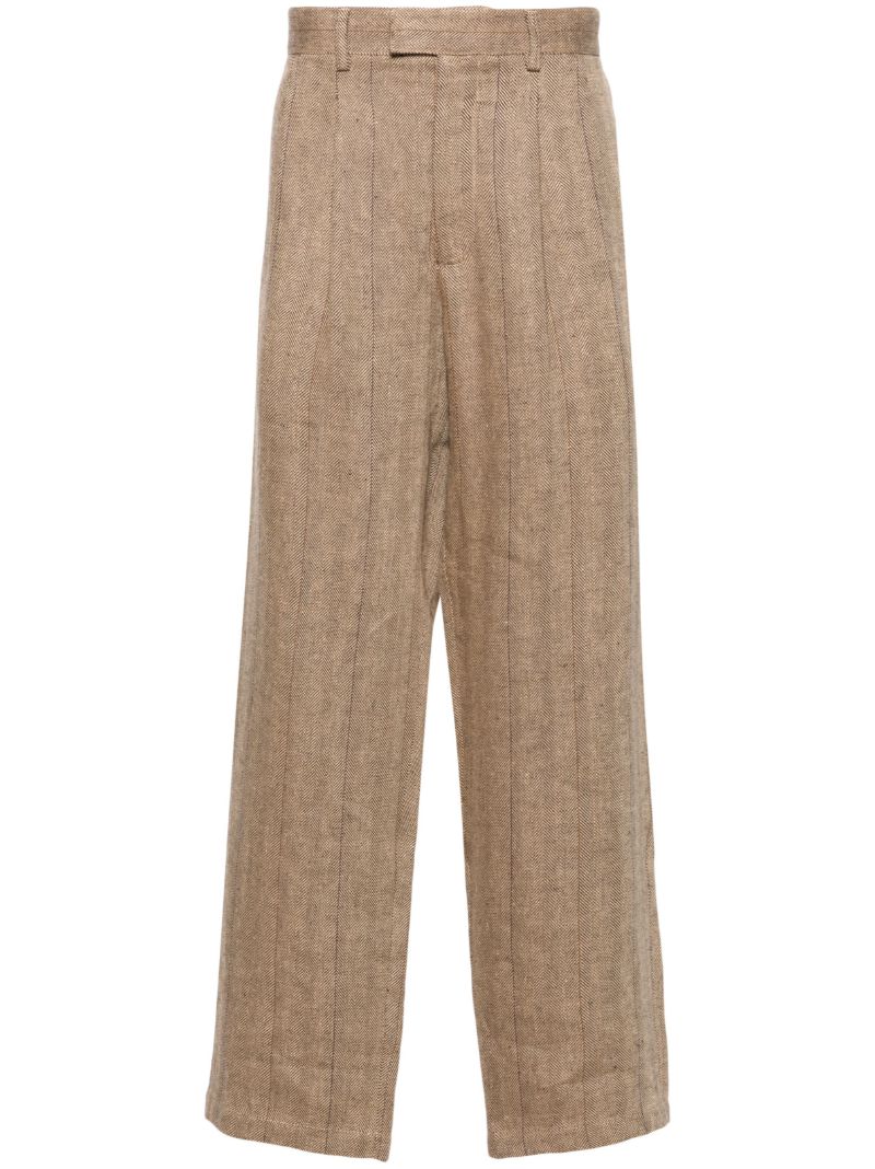 Brown Herringbone-pattern Linen Tailored Trousers