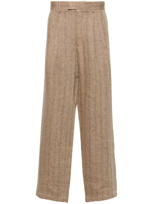 Brown Herringbone-pattern Linen Tailored Trousers