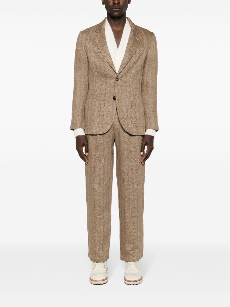 Brown Herringbone-pattern Linen Tailored Trousers