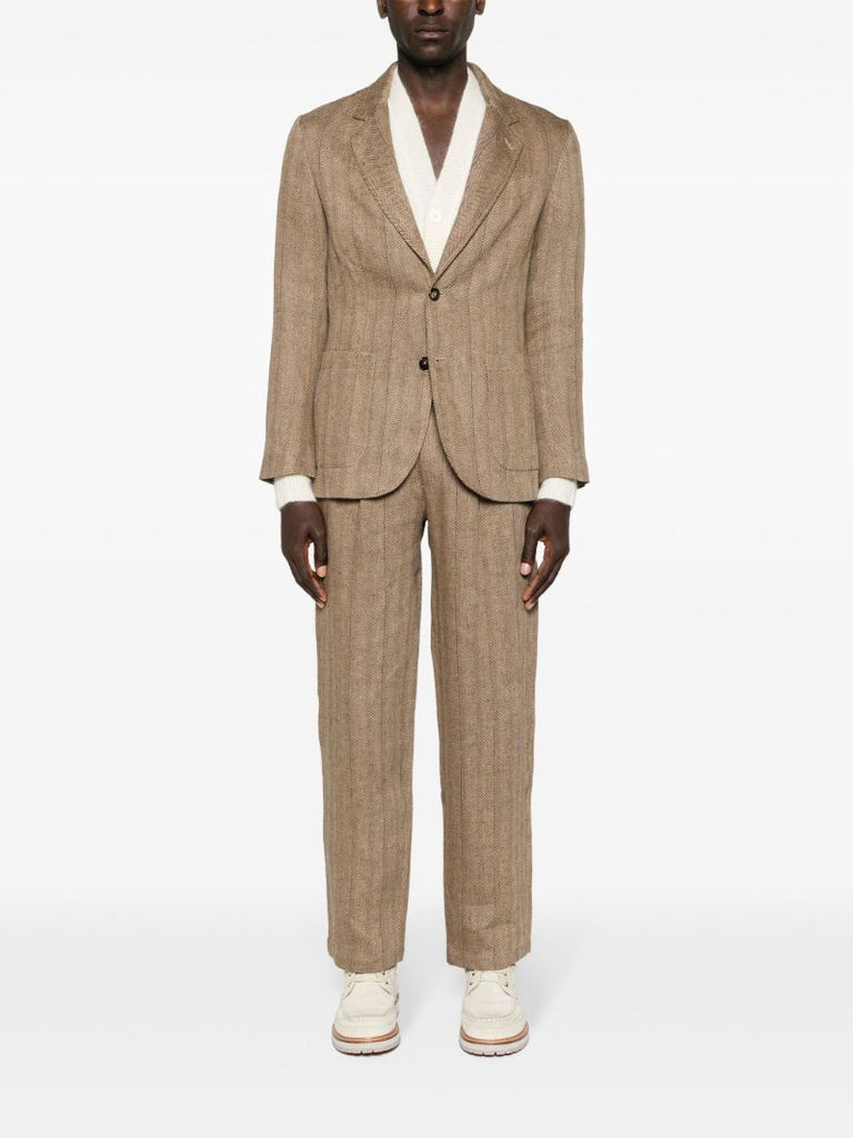 Brown Herringbone-pattern Linen Tailored Trousers
