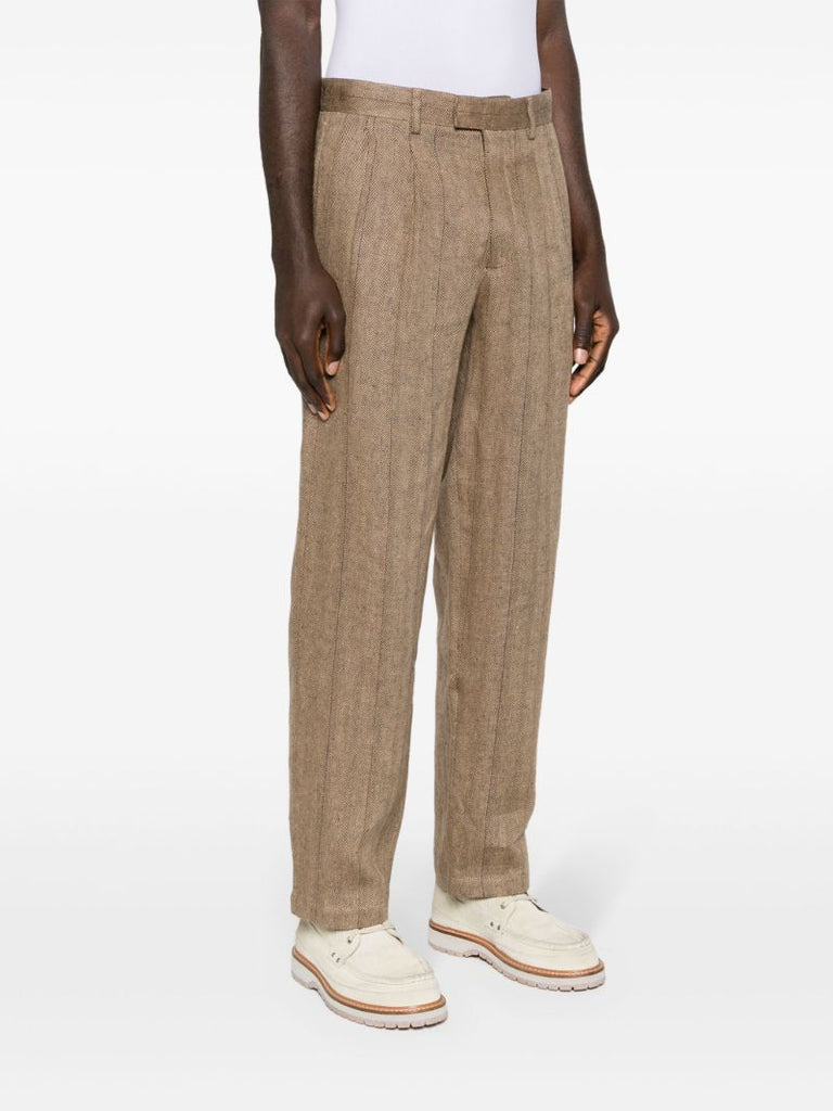 Brown Herringbone-pattern Linen Tailored Trousers