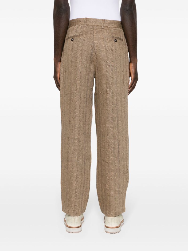 Brown Herringbone-pattern Linen Tailored Trousers