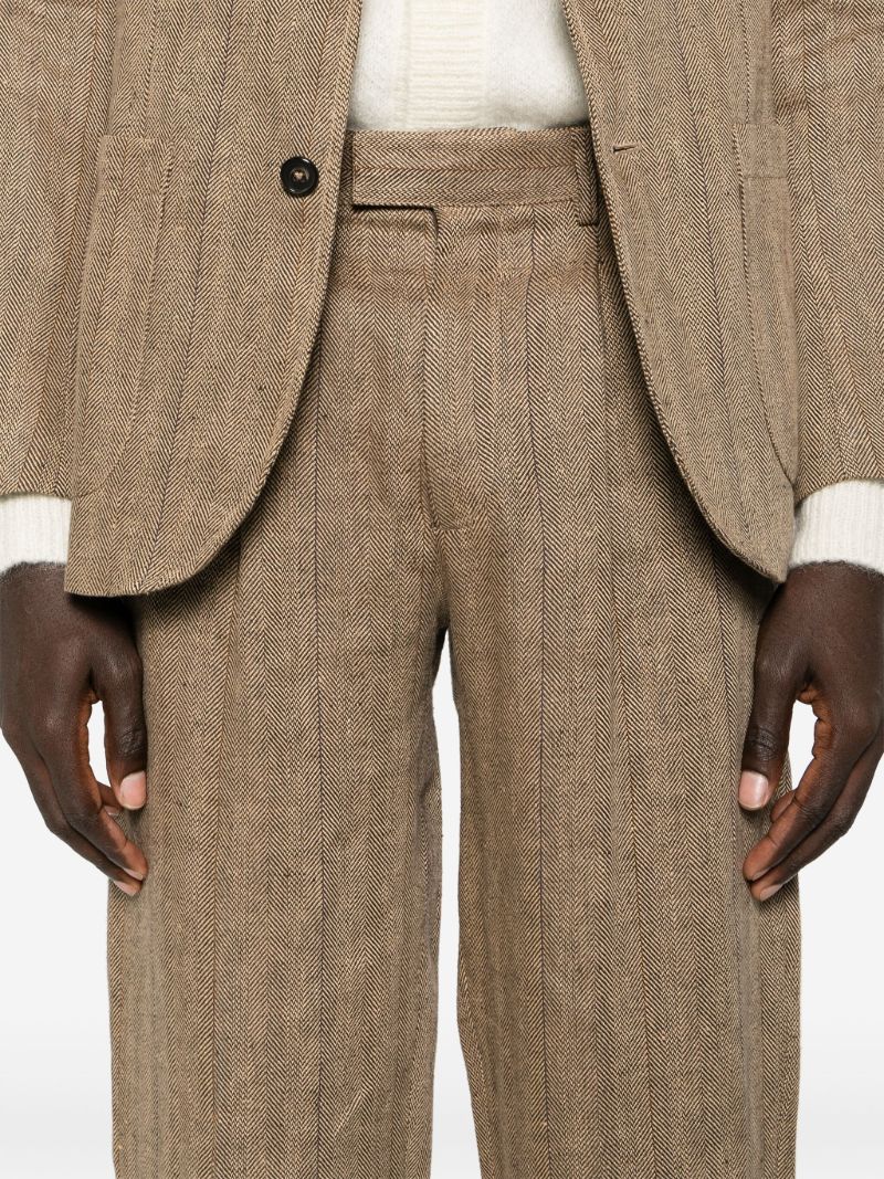 Brown Herringbone-pattern Linen Tailored Trousers