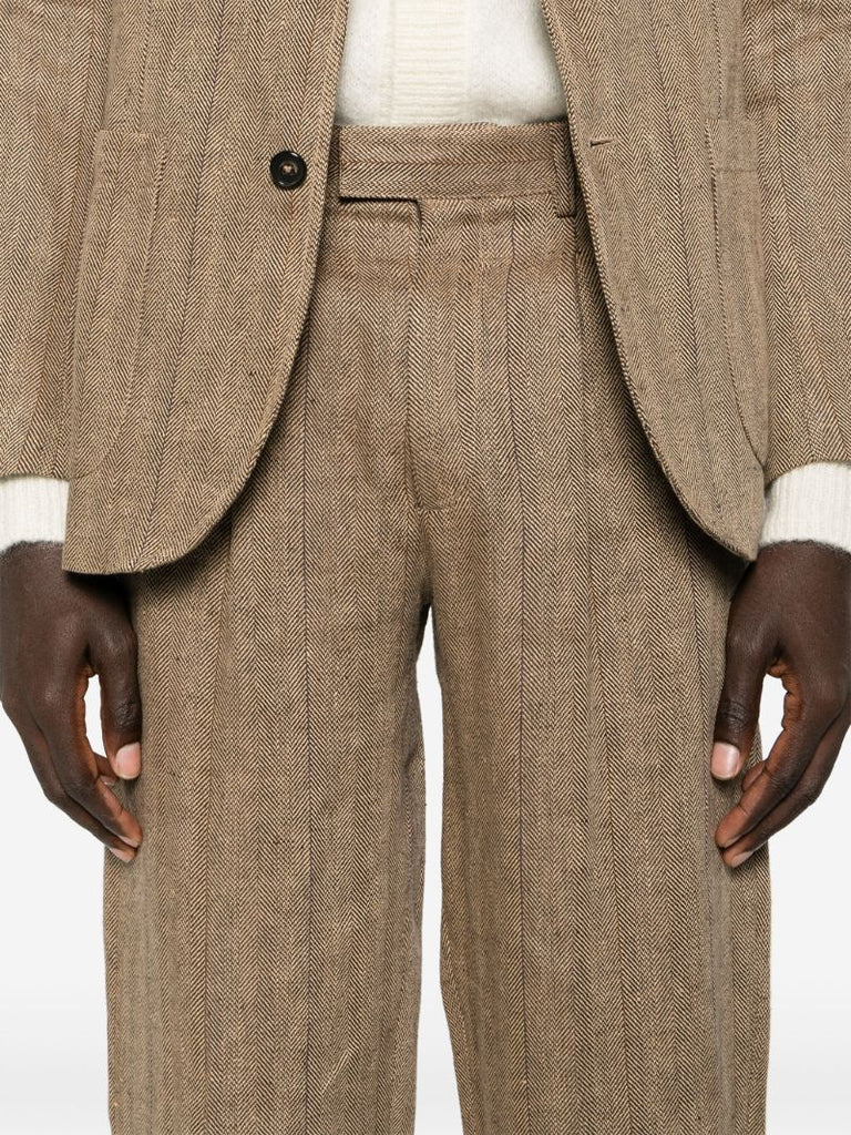 Brown Herringbone-pattern Linen Tailored Trousers