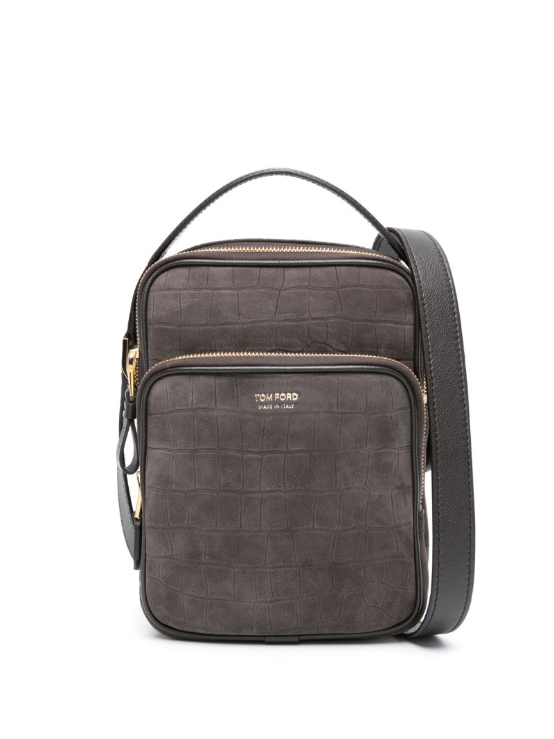 Brown Embossed-crocodile Suede Crossbody Bag