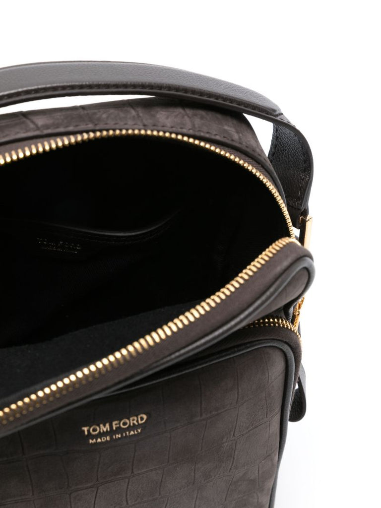 Brown Embossed-crocodile Suede Crossbody Bag