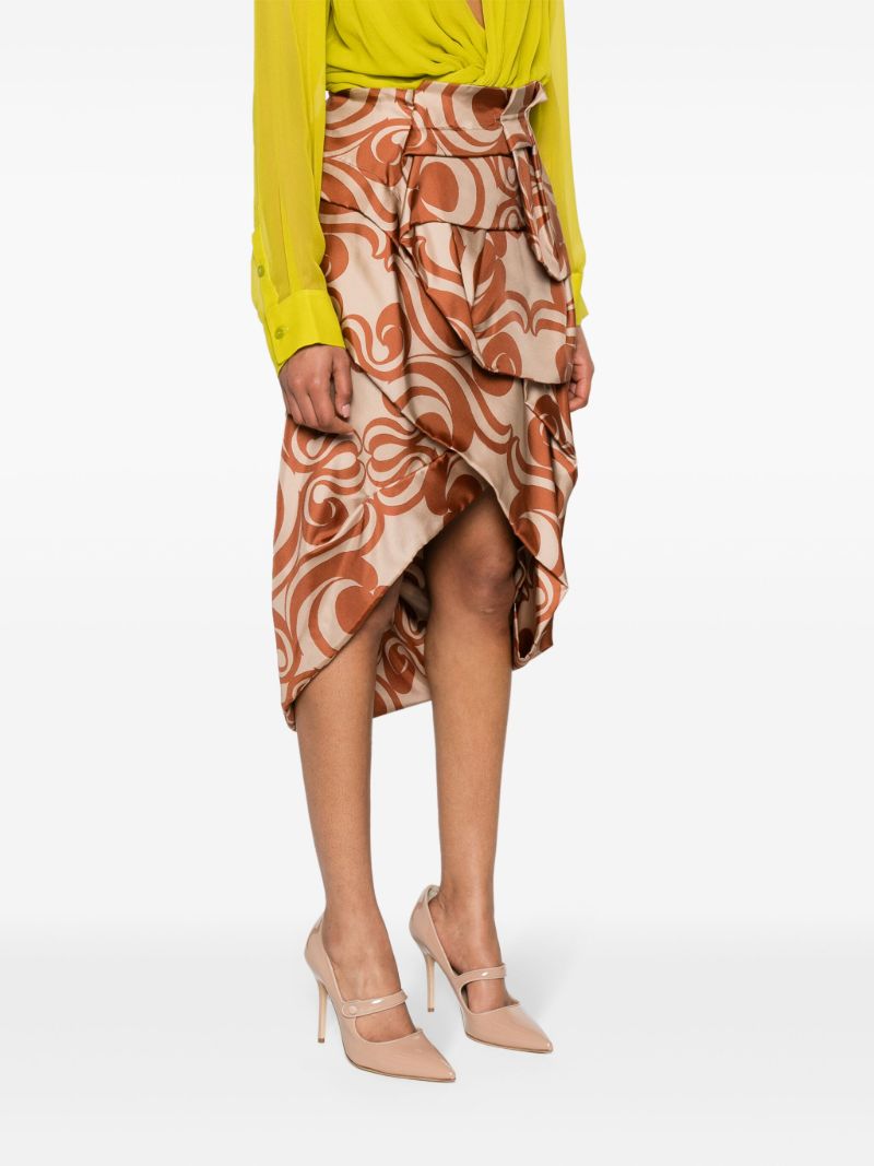 Brown Abstract-print Draped Silk Skirt