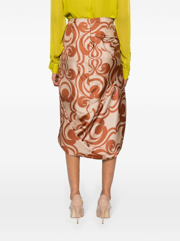 Brown Abstract-print Draped Silk Skirt