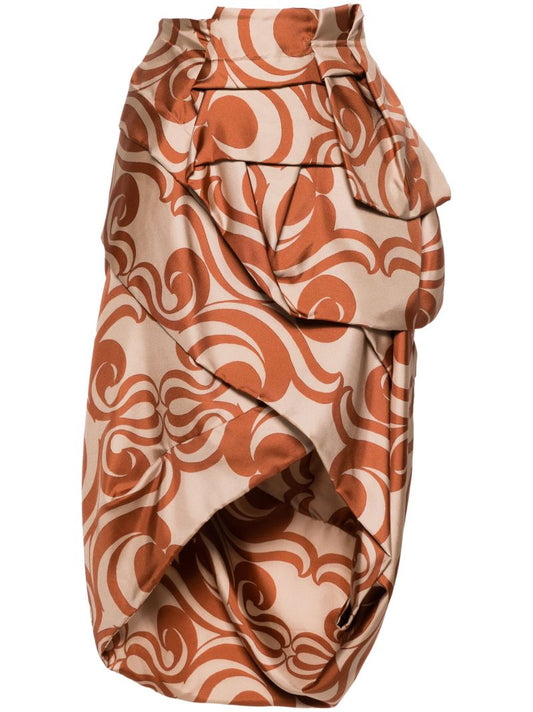Brown Abstract-print Draped Silk Skirt