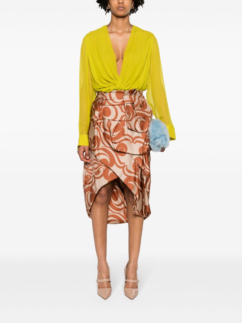 Brown Abstract-print Draped Silk Skirt