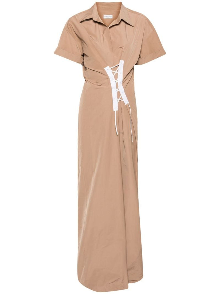 Neutral Lace-up Maxi Shirt Dress