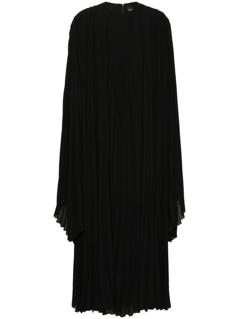 Black Pleated Long-sleeve Maxi Dress