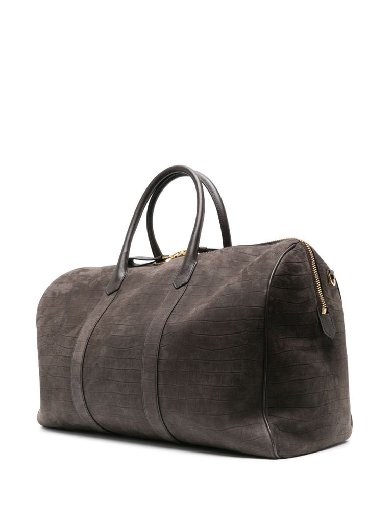 Brown Crocodile-effect Leather Duffle Bag