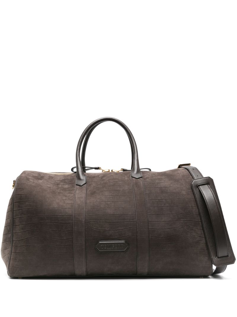 Brown Crocodile-effect Leather Duffle Bag