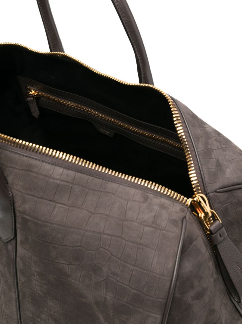 Brown Crocodile-effect Leather Duffle Bag