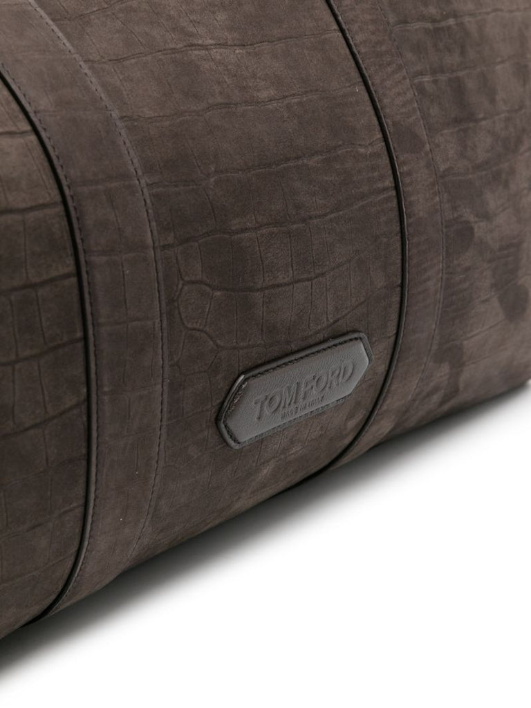 Brown Crocodile-effect Leather Duffle Bag
