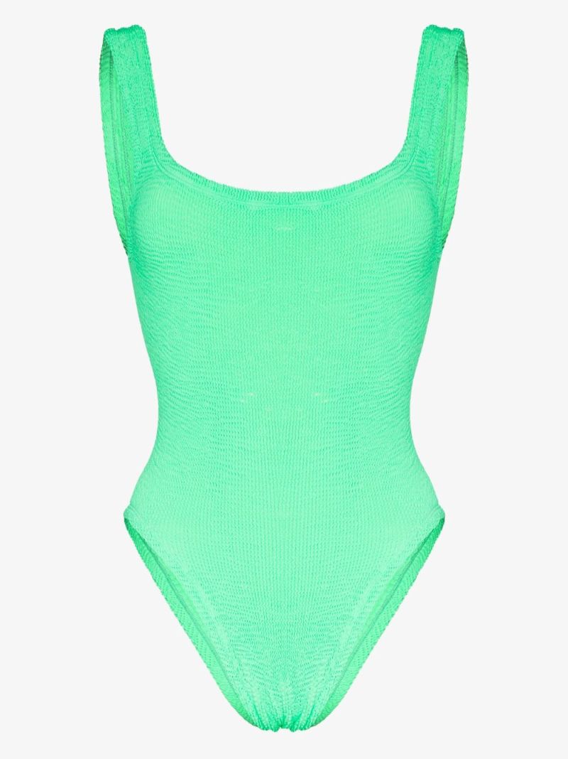 Green Classic Square Neck Crinkle Swimsuit