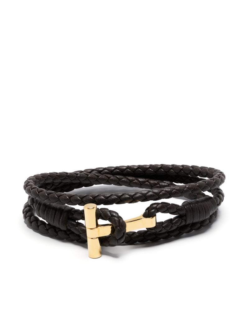 Brown T-plaque Braided Leather Bracelet