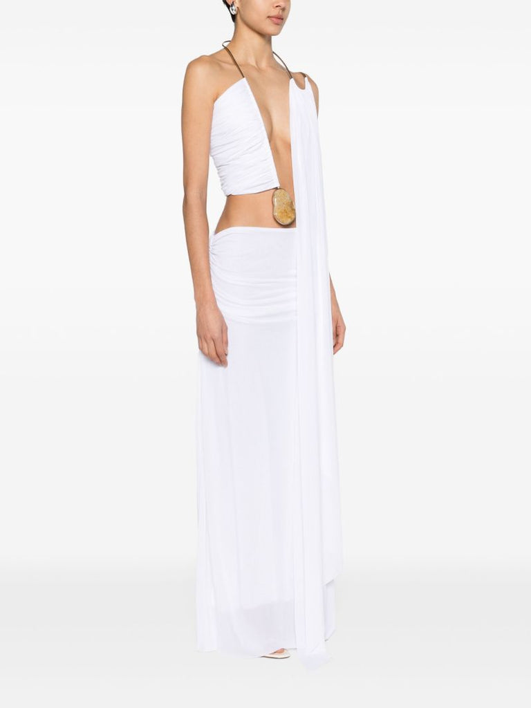 White Elliptic Stone Draped Gown