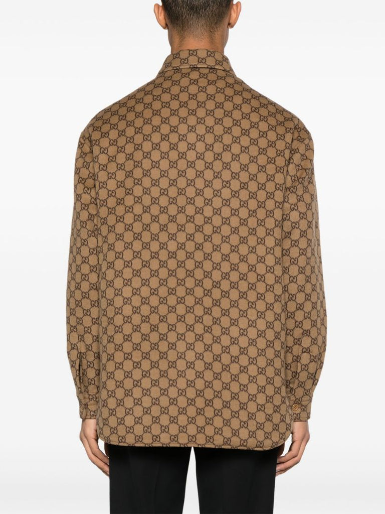 Brown Gg-jacquard Wool Shirt Jacket