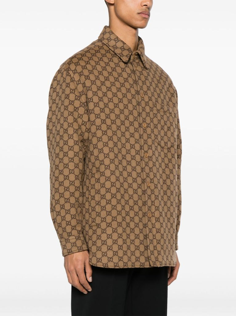 Brown Gg-jacquard Wool Shirt Jacket