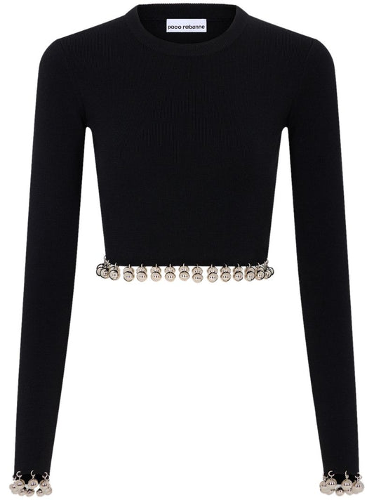 Black Ball-trim Cropped Sweater